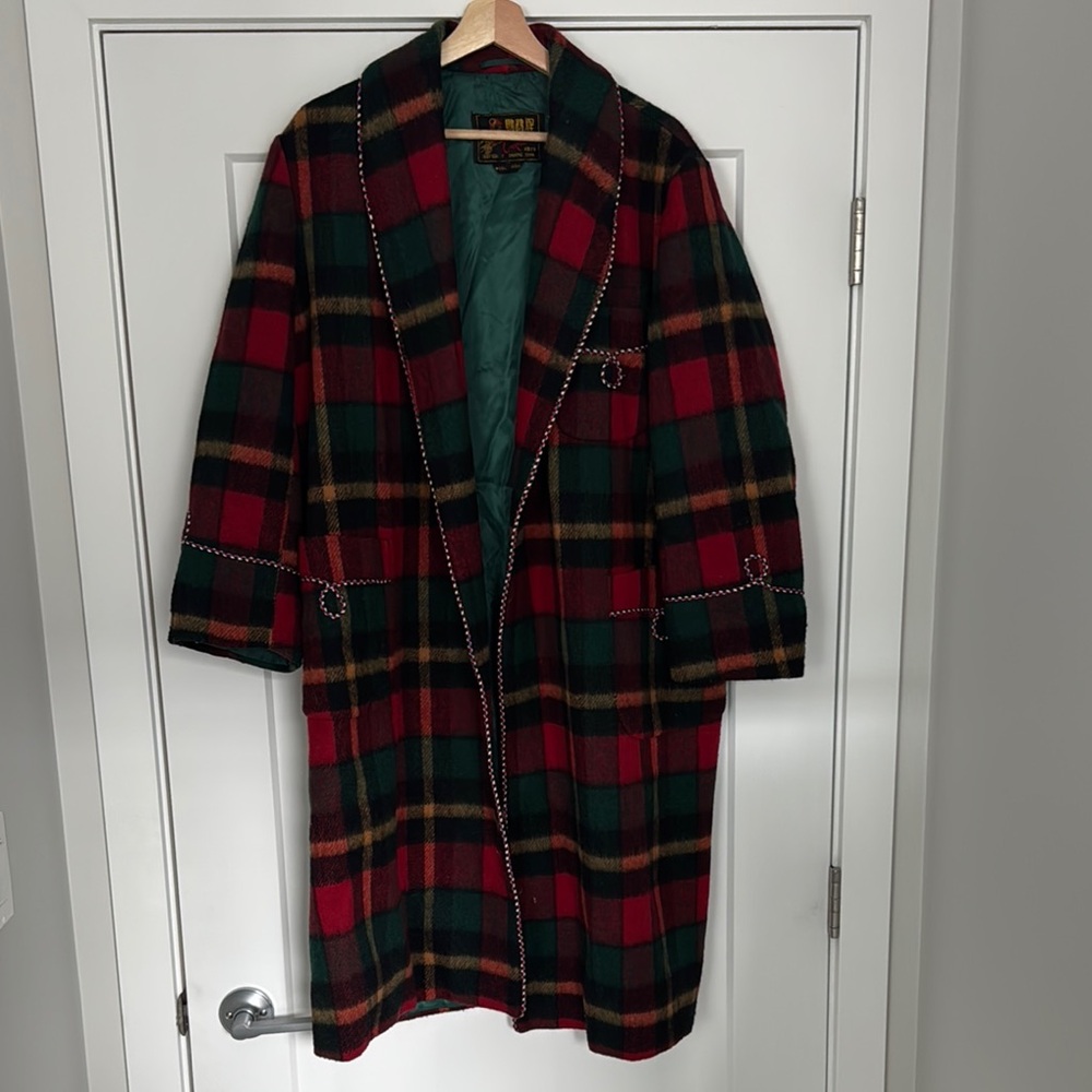 100% Wool Coat, Red and Green Plaid Long Coat with Green Lining, Size L